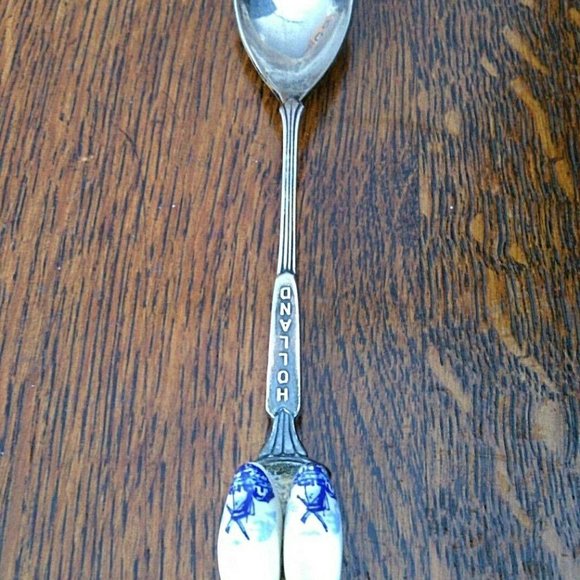 Dutch Spoon Porcelain Clogs Collectable Silver Sugar Tea Blue White Windmill Jam - Picture 9 of 16